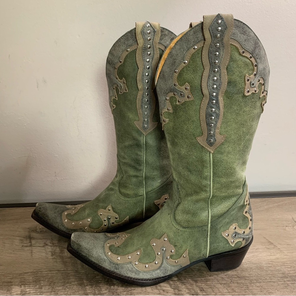 Women's GIANNI BINI Green Gray Beige LEATHER Appliqued COWBOY Western BOOTS 7.5